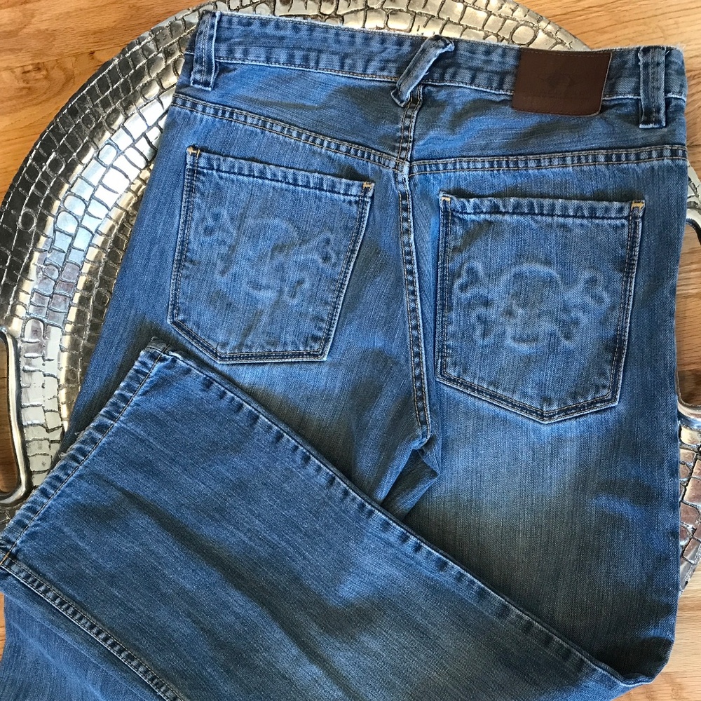 Y2K🔥 MACGEAR JNCO STYLE SKULL x CROSS BONES BAGGY DENIM JEANS 32 x 30